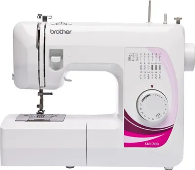 A white Brother sewing machine with pink and purple accents, shown from a side view against a white background.