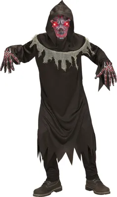 Produktbild von Kinderkostüm teuflischer Dämon – Gr. 128 – 164cm – Robe mit Handschuhen, Maske mit Kapuze und leuchtenden Augen S - 128 cm