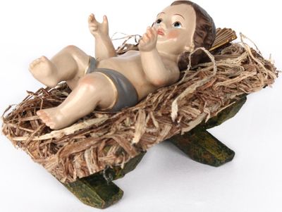 Jesus Christkind Jesuskind Christuskind 12,5 * 5,5cm mit Heiligenschein auf Stroh in Holzkrippe 13x8 cm, lose