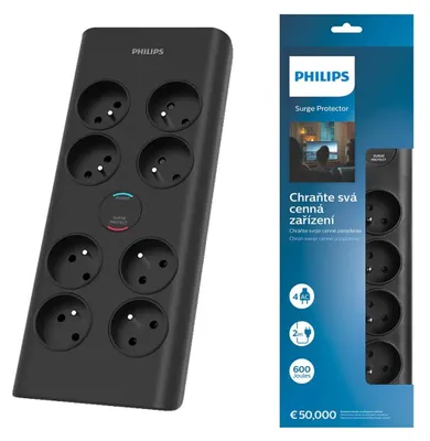 Zdjęcie produktu dla Listwa Zasilająca Antyprzepięciowa Philips Przedłużacz Sieciowy 8 Gniazd 16A 2M Czarna