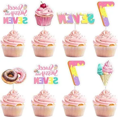 Immagine prodotto di Set a tema "donuts" per il settimo compleanno, composto da 24 decorazioni per cupcakes e decorazioni per caramelle e gelati