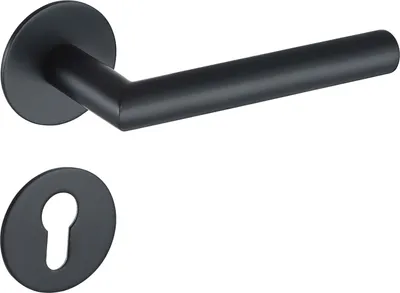 A black door handle set with a round escutcheon plate and a keyhole escutcheon plate.