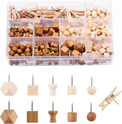 Produktbild von Famanu Holz-Pinnnadeln 240 Stück in 11 Stilen - Ideal für Korkplatten, Fotos und Kalender