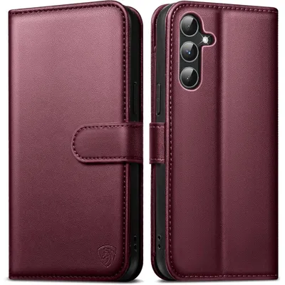Zdjęcie produktu dla Etui na telefon Samsung Galaxy A54 5G, wykonane ze sztucznej skóry, typu portfel, składane, z przegródką na karty i funkcją podstawki, kolor: czerwony wino