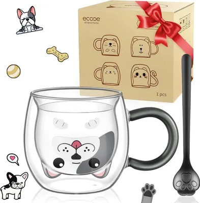 Produktbild von Doppelwandige Hundetasse 280ml mit Löffel - Kaffeeglas für Geburtstag Valentinstag