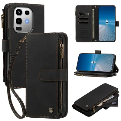 Produktbild von Handyhülle für Infinix Note 50 4G/Note 50 Pro 4G, Leder Klapphülle mit Kartenfächern, Reißverschlussfach und Handschlaufe Schwarz