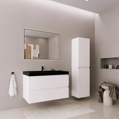 Zdjęcie produktu dla LOMAZOO zestaw mebli łazienkowych AVALON 80 cm ze słupkiem łazienkowym, błyszcząca biel, czarna umywalka