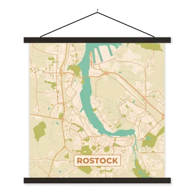 Produktbild von MuchoWow® Textilposter Karte - Rostock - Vintage - Stadtplan 60x60 cm mit schwarzem Rahmen - Posteraufhänger