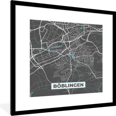Produktbild von MuchoWow® Gerahmtes Poster Böblingen - Stadtplan - Blau - Karte - Deutschland 40x40 cm - Poster mit Schwarzem Bilderrahmen Wandposter Rahmen Foto Bilder - Poster - Plakat im Rahmen