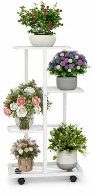 Image de Étagère à fleurs sur roulettes, 4 niveaux, en métal, de couleur blanche, pour intérieur