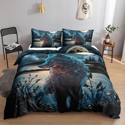 Zdjęcie produktu dla Komplet pościeli z motywem wilka, 200x200 cm, 2 poszewki 80x80 cm, mikrofibra, 3-częściowy