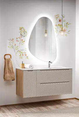 Productafbeelding van Badmeubelset 3-delig, badkamerinrichting LAXY, eikenhout, beige, met wandkast links, inclusief wastafel