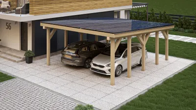 Produktbild von 6x7m KVH Massivholz Carport Flachdach Garage Photovoltaik PV mit 15 Solarmodule