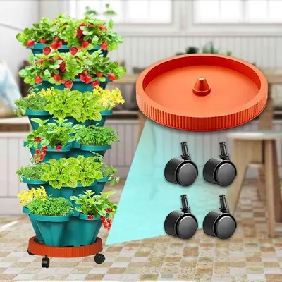 Türkiser stapelbarer vertikaler Gartenpflanzer mit Erdbeeren und Kräutern, einem orangefarbenen Rollgestell und vier separaten Lenkrollen