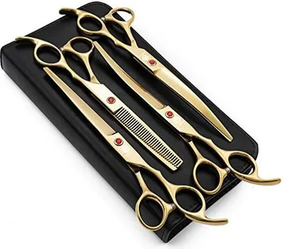 Obrázek produktu pro Purple Dragon Professional 7,0 palců 4 kusy Pet Grooming Nůžky Kit Japonsko Premium Steel Rovné a zakřivené Ředění listů Stříhací sada pro psy