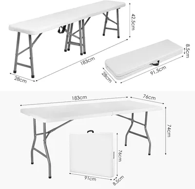 Image de Ensemble de table de jardin – Table pliante avec 2 bancs – 183 x 28 x 42,5 cm – Fabriquée en plastique HDPE et avec une structure en acier – Capacité de charge : 500 kg – Idéale pour les fêtes de jardin, les pique-niques – Blanche