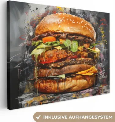 Produktbild von Leinwandbilder 40x30 cm - Graffiti - Burger - Essen - Kunst - Grau - Graffiti, Bilder Wohnzimmer Modern, Wanddeko