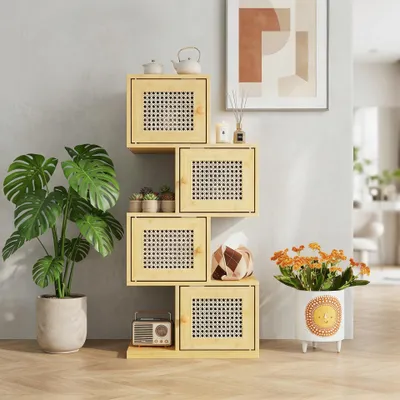 Produktbild von 4-stöckiges Bücherregale, Bücherschrank mit 4 Türen, Korbgeflecht-Tür, Unregelmäßige Form, MDF, Holzfarbe, 40 × 40 × 85 cm