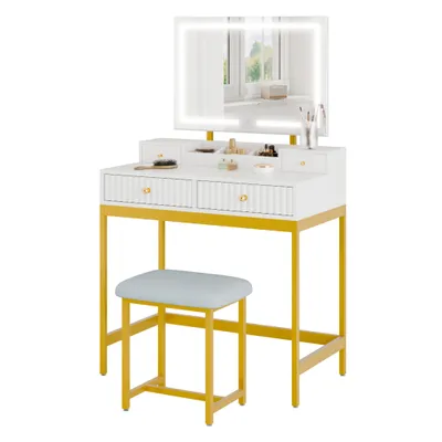 Produktbild von Mondeer Schminktisch mit Hocker: 3-Stufen LED-Spiegel, höhenverstellbar & Wellenschubladen - 80x45x132 cm