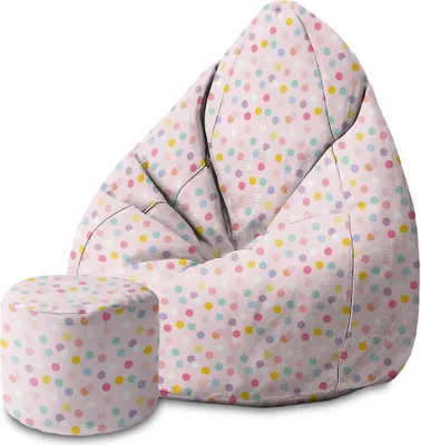 A beanbag chair and ottoman with a pastel confetti dot pattern on a white background.