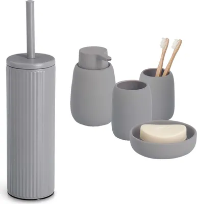 Produktbild von 5-teiliges Badezimmer-Set Keramik grau, Badzubehör-Set besteht aus: Seifenspender, 2x Zahnputzbecher, Seifenschale, WC-Bürste, moderne Badausstattung