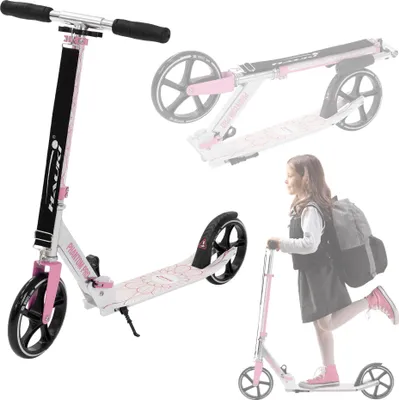 A collage of images showing a pink and white scooter, a folded scooter, and a girl riding a scooter.