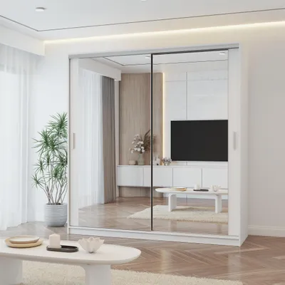 Produktbild von Schwebetürenschrank TOKYO M, Schlafzimmer Kleiderschrank Schrank 203 cm Weiß/Weiß mit Spiegel, alufarbene PVC-Griffe