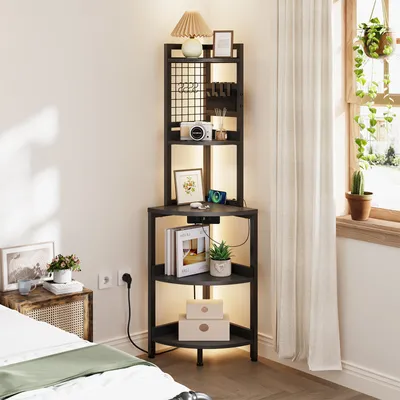 Produktbild von iropro Eckregal 5 Ebenen mit Steckdosen, Standregal mit LED Beleuchtung, Aufbewahrungsregal für Wohnzimmer, Küche, Schwarz, 40x40x152cm