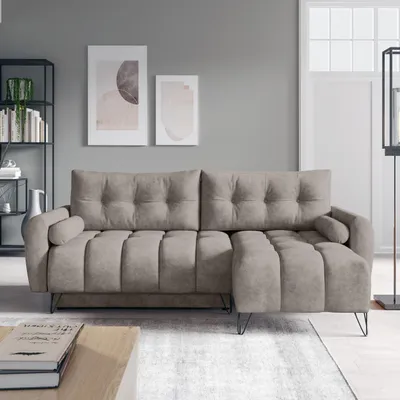 Produktbild von Ecksofa MALAGA MINI Dunkelbeige, L-Form - mit Schlaffunktion, Bettkasten & universeller Ottomane