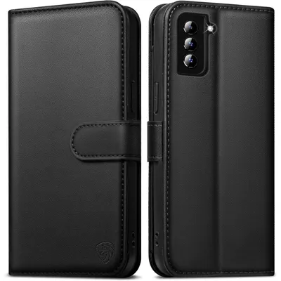 Zdjęcie produktu dla Etui na telefon Samsung Galaxy S21 5G, skórzane, typu portfel, czarne, z przegródkami na karty i funkcją podstawki