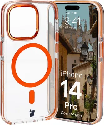 Produktbild von Bizon Case Marco Magnetische Ringhülle für iPhone 14 Pro, Transparent mit orangefarbenem Rahmen
