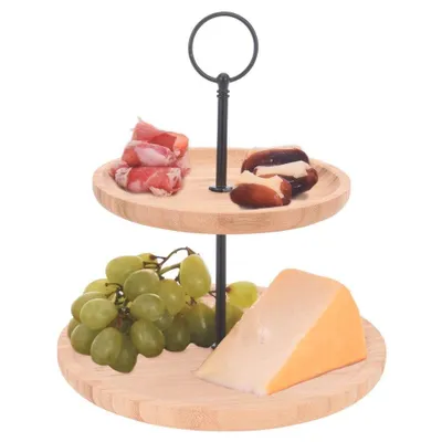 Produktbild von EXCELLENT HOUSEWARE Etagere aus Bambus Kuchenplatte Kuchenständer Servierständer 2-stöckig