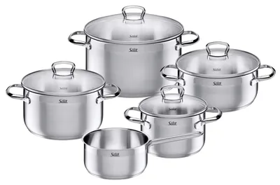 Produktbild von Silit Toskana Topfset Induktion 5-teilig, Edelstahl teilmattiert, Induktions Töpfe Set unbeschichtet mit Glasdeckel, für alle Herdarten geeignet, ohne Innenskalierung, spülmaschinengeeignet