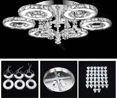 A collage of images showing a crystal chandelier, its components, and a close-up of the crystals.