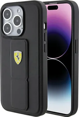 Produktbild von Ferrari Grip Stand Metalllogo - iPhone 15 Pro Max Hülle (Schwarz)