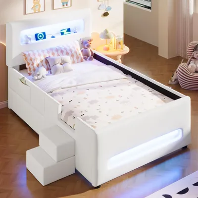 Image de Lit rembourré 90 x 200 cm, cuirPolyuréthaneblanc - Lit pour adolescent avec éclairage LED, port USB, tiroir de rangement et sommier à lattes