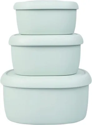 Imagen del producto de Conjunto de 3 recipientes de silicona para alimentos Unyqoos® – cajas de almacenamiento reutilizables y herméticas con tapas, color verde, 200/300/600 ml, aptas para congelador y microondas