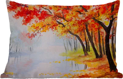 Produktbild von MuchoWow® Outdoor Kissen - Gemälde - Herbst - Bäume - Wasser - Ölfarbe - 50x30 cm - Wetterfest - Lounge Kissen - Sofa kissen - Wohnzimmer Dekoration