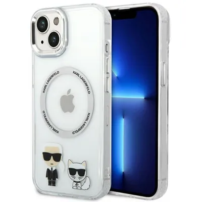 A transparent iPhone case with Karl Lagerfeld branding and cartoon figures of Karl Lagerfeld and a cat is shown on a white background, next to an iPhone.