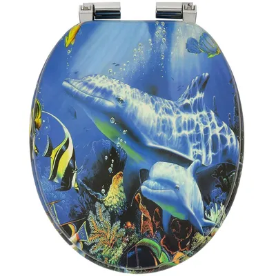 A toilet seat with an underwater scene featuring dolphins and fish.