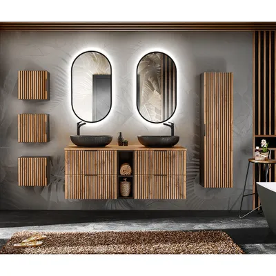 Produktbild von Badezimmer Komplett Set Doppelwaschtisch mit Regal XANTEN-56 in anthrazit mit Eiche Nb. schwarze Rillen, B/H/T: ca. 240/200/46,5 cm