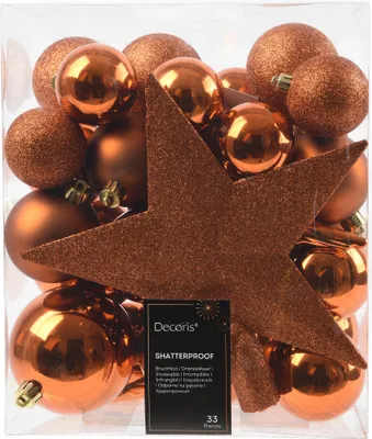 Produktbild von Weihnachtskugeln Kunststoff mit Christbaumstern 33er Set - Warm Orange