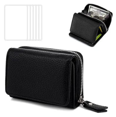 Produktbild von Damen Geldbörse Klein, Kunstleder Mini Brieftasche mit Zipper Münzfach, 6 Kartenhüllen, Schwarz