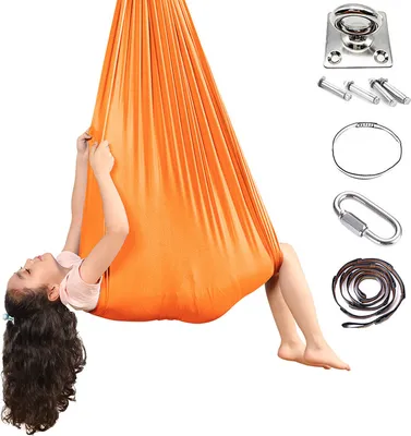 Produktbild von Kinderhängematte, Indoor-Therapie-Kuschelschaukel mit 360 ° drehbarer Deckenhaken, verstellbare Yoga-Lufthängematte Orange