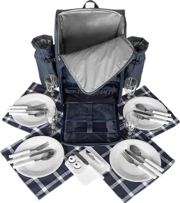 Produktbild von anndora Picknick Rucksack für 4 Personen - blau navy - 4 Teller Gläser besteck und Isolierfach - blau-weis-gestreift