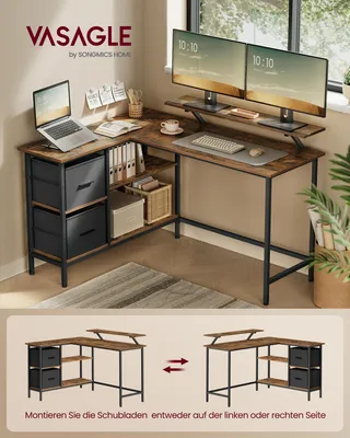 A corner desk setup with dual monitors, a laptop, and storage drawers, shown in two configurations.