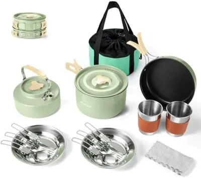 Produktbild von PromoHome® Komplettes Camping-Kochset – 15-teiliges leichtes Küchenpaket, Grün