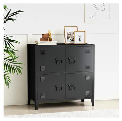 Produktbild von Büroschrank Hamina Aktenschrank mit 4 Türen und 2 Ablagefächern, Aufbewahrungsschrank aus Stahl, 80 x 40 x 82 cm, Schwarz