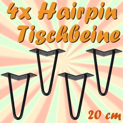 Produktbild von 4x Tischbein Hairpin Metall Tischbeine Möbelfüße Schwarz Haarnadel Haarnadelbeine Beine für Tisch Möbelfüsse 20 cm V2Aox