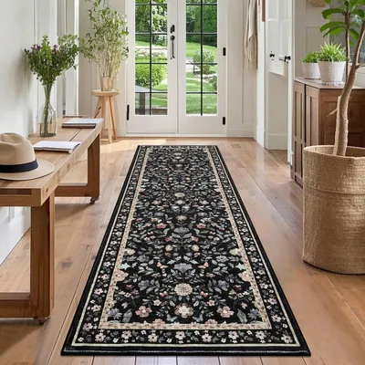 Immagine prodotto di Tappeto antiscivolo con motivo floreale, nero, dimensioni 60 x 180 cm, lavabile, pelo corto